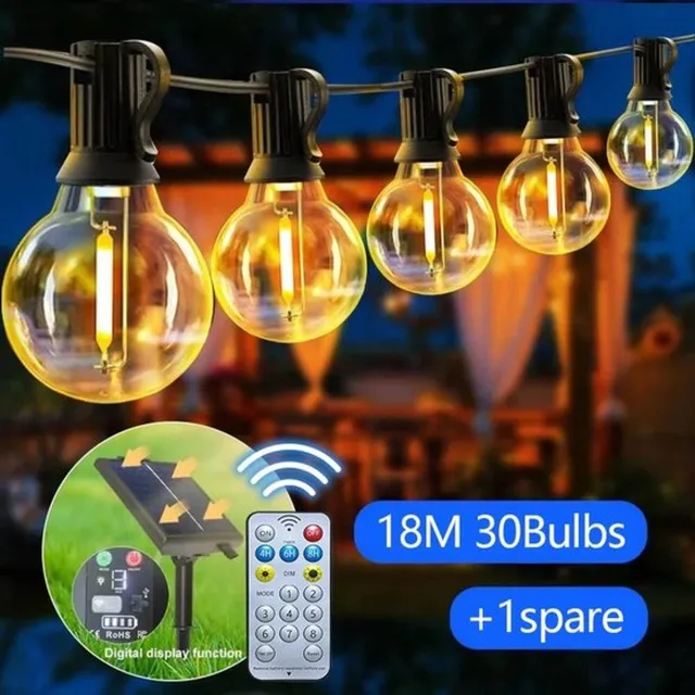 Flintry Dimbare zonne-energie buitenverlichting, 18 meter, 30 LED's, IP65 waterdichte lichtslinger voor tuin, terras, tuin, pergola, feest,buiten decoratie