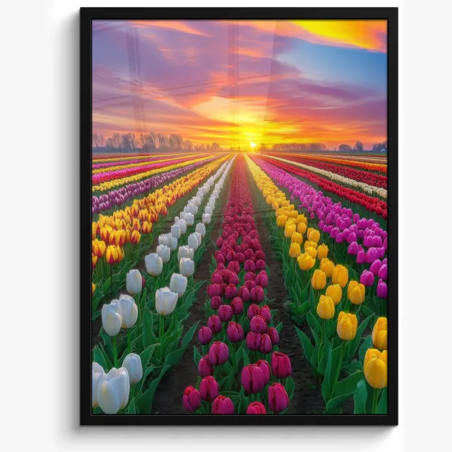 FrameYourWall Poster in lijst - Fotolijst 50x70 cm - Posters - Tulpenveld - Zonsondergang - Kleurrijk - Posterlijst zwart - Decoratie - Wanddecoratie woonkamer - Muurdecoratie slaapkamer Tulpen - Kleurrijk