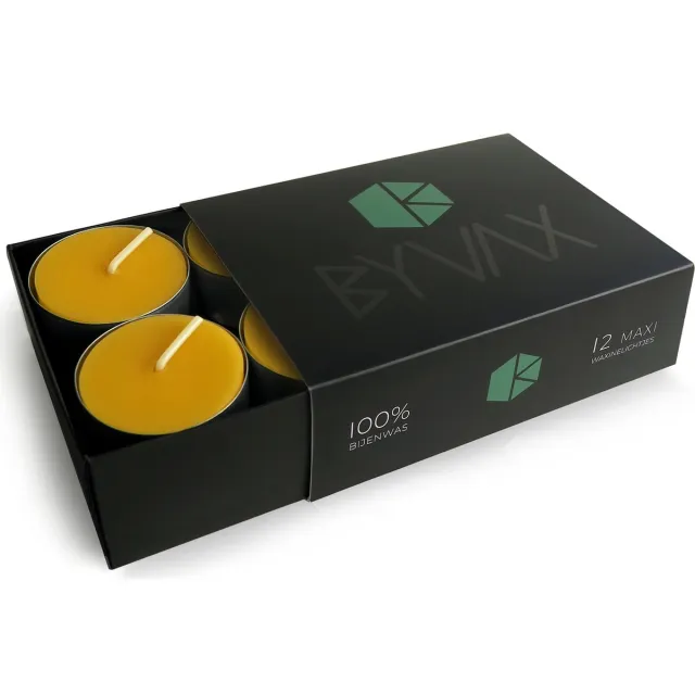 BYVAX Bijenwas MAXI Waxinelichtjes in doos | 12 stuks | 100% Zuiver Bijenwas | Brandduur 8 uur Geel