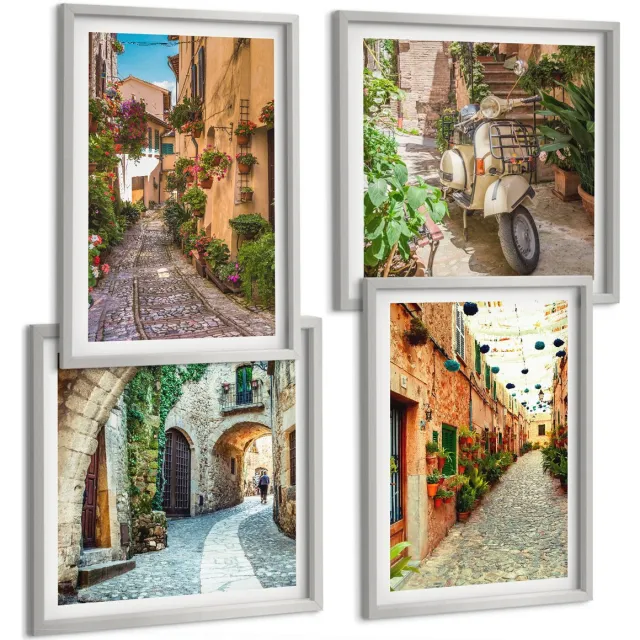 TULUP 4-Delige Schilderij Set - Sfeervolle straatjes met bloemen in een Italiaanse ambiance. - 40 x 40 cm en 40 x 60 cm - Muurdecoratie - Schilderijen Set - Woonkamer - Stijlvolle Muurdecoratie Zilveren lijst