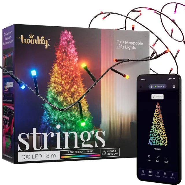 Twinkly Strings Lichtsnoer - 8M - LED - 100LED RGB - Dimbaar - Binnen & Buiten - Bluetooth of Wifi - Werkt met Homekit, Homey, Google Home en Razer Chroma - Zwart