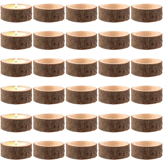 Famanu Set van 30 houten theelichthouders met een binnendiameter van 40 mm, ronde kandelaars voor bruiloften en feestelijke decoratie Bruin