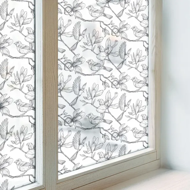 Coloray Privacy Folie Raam - Vogels en bloemen Anti inkijk Raamfolie Glas in Lood - 200x116 cm - Zwart-wit Melkglas Folie - Zonwerende Raamfolie - Voor de hal, voor de woonkamer, voor het kantoor - Privacy Folie Raam Glas in Lood Zwart-wit - Vogels en bloemen