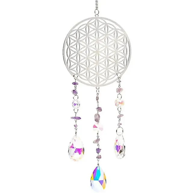 Phoenix Import Mani Bhadra Suncatcher Bloem des Levens zilverkleurig met amethist - ±8 cm wit