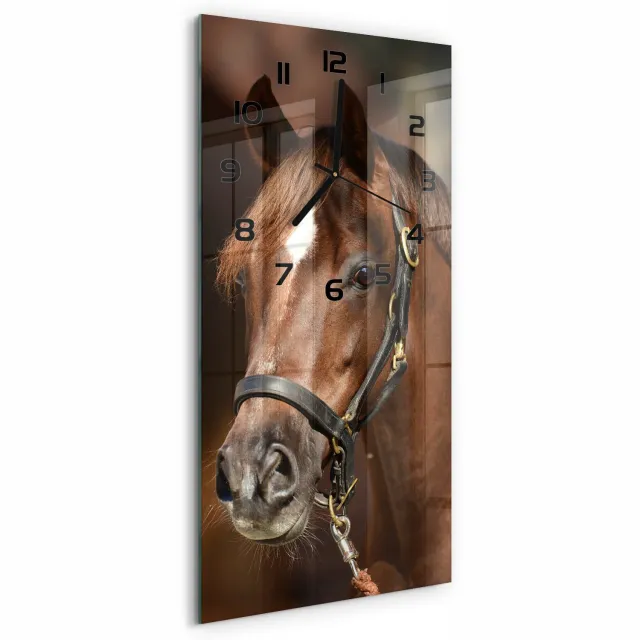 TULUP Wandklok - Portret van een paard Klok Glas Met Opdruk - 30x60 cm - Bruin Moderne Wandklok Glas - Zwarte handen - Rechthoekige Klok - Decoratieve Glazen Klok - Glazen Wandklok Design