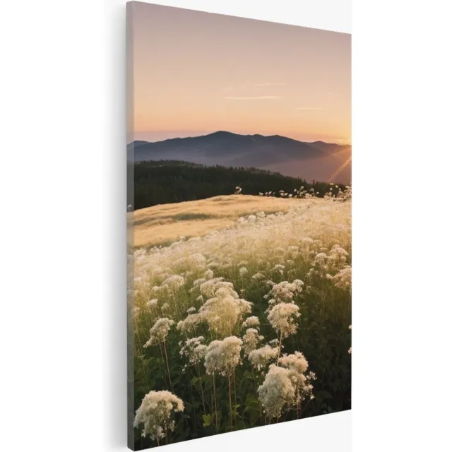 Saammp Canvas Schilderij - Landschap - Wit - Bloemenveld met zonsondergang en bergen - Natuur - 60x90 - Foto op canvas - Wanddecoratie - Muurdecoratie Woonkamer - Slaapkamer decoratie - Canvas Print Multicolor