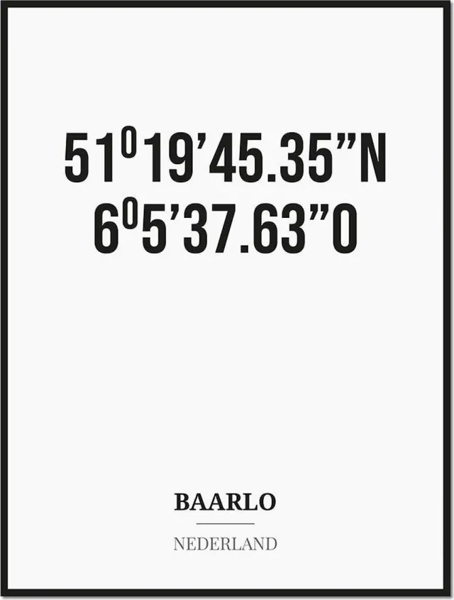 Studio216 Poster/kaart BAARLO met coördinaten zwart, wit