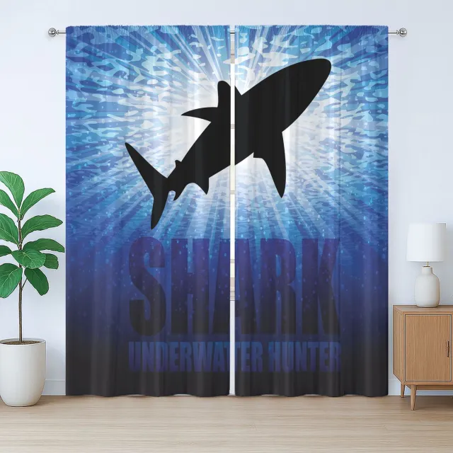 ABAKUHAUS Rustiek Haaiengordijn, Onderwaterjager Gevaar, met Bandjes voor de Woonkamer met Lussen en Haken, 280 x 175 cm, Koningsblauw Zwart
