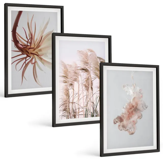 Coloray 3-Delige Schilderij Set - Bloemen En Grassen Op Een Lichte Achtergrond In Een Harmonieus Geheel. - 40 x 60 cm - Stijlvolle Muurdecoratie - Kantoor - Woonkamer Decoratie Zwarte lijst