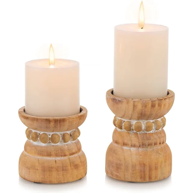 Romadedi Kandelaar stompkaarsen hout boho - set van 2 kandelaars houten kaarsenhouder Chunky landhuisstijl Shabby Chic decoratie voor woonkamer tafeldecoratie natuur