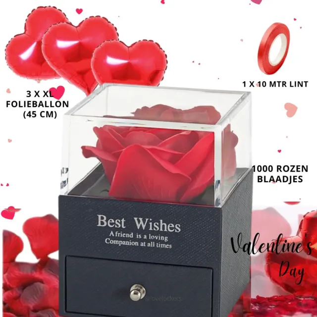 Lovelockers Valentijnsdag | Valentijnscadeau | Sieraden Doosje | 3 x Rode Hart Folie Ballon | Luxe doosje met Rode Roos | Geconserveerde Rode Roos | Moederdaggeschenk | Moederdagcadeau | Sieraden doosje met lade rood
