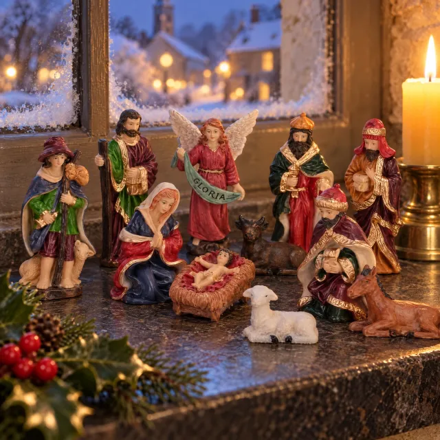 Lomera Kerststal Figuren Set van 11 - 10 cm - Kerstgroep - Kerstbeeldjes - Kerststal Beelden - Maria Jozef en Kindje Jezus - Kerstkribbe Figuren - Kersttafereel - Religieuze Beeldjes - Kerstdecoratie