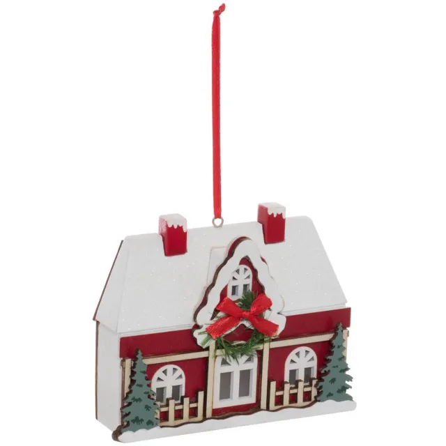 Feeric lights & Christmas Verlichte dennenboomhanger in de vorm van een rood-wit houten chalet, 12 cm Rouge