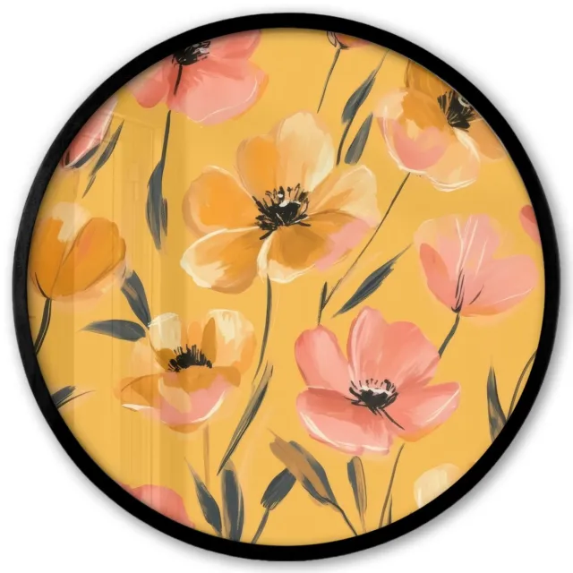 FrameYourWall Poster in lijst Rond - Fotolijst 40x40 cm - Posters - Bloemen - Geschilderd - Geel - Ronde posterlijst zwart - Decoratie - Wanddecoratie woonkamer - Muurdecoratie slaapkamer