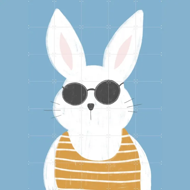 IXXI Summer Bunny Vintage, BAINAI - 100 x 140 cm - Grote wanddecoratie en posters - Cartoonesk, Fantasierijk, Vintage, Illustraties, Speels Blauw