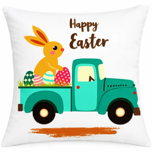 SWGOTA Paaskussenhoes 45 x 45 cm van polyester - Vierkant met konijn, paaseieren en groene truck - Decoratie voor de bank Wit