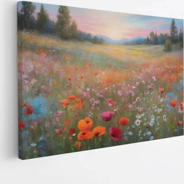 Saammp Canvas Schilderij - Bloemenveld - Natuur - Landschap - 40x30 - Foto op canvas - Wanddecoratie - Muurdecoratie Woonkamer - Slaapkamer decoratie - Canvas Print Multicolor