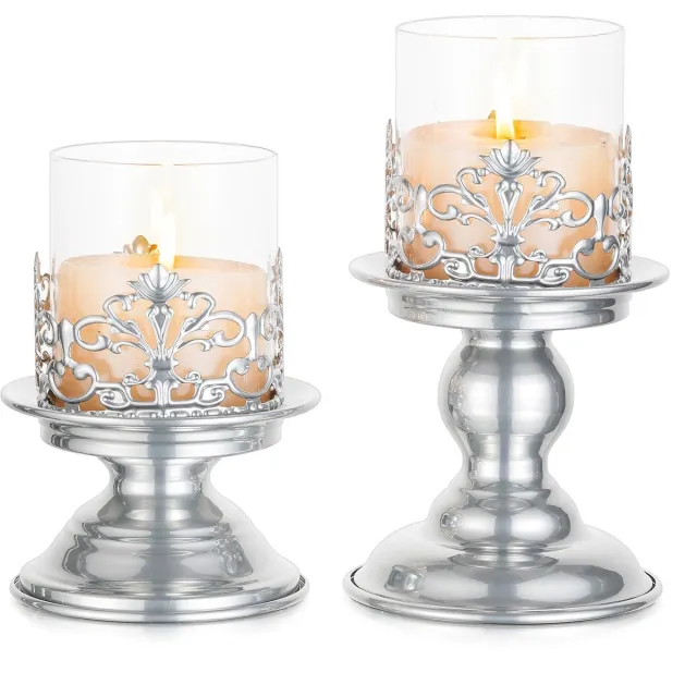 Unyqoos Elegante zilveren kandelaars met glazen windlicht voor sfeervolle decoratie