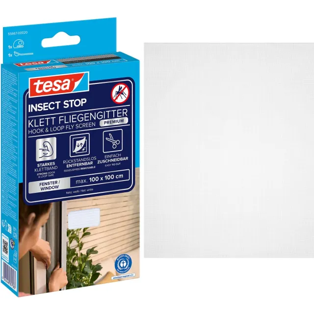 Tesa INSECT STOP H&L Fly Screen Premium for Windows - hor met sterke klittenband, verwijderbaar zonder resten, op - 100 x 100 cm - wit (lichte privacy)