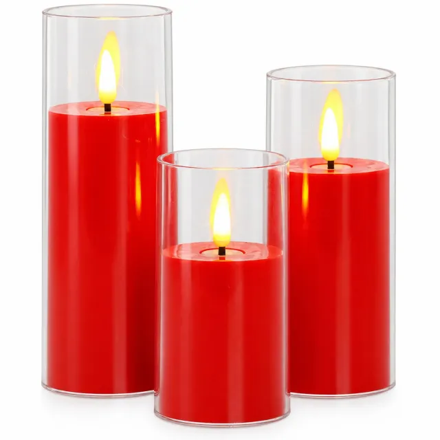 SWGOTA led kaarsen set van 3, rood, warm licht en spitse vlamvorm, transparante cilindervormige kap, diameter 5.5 cm, hoogtes 10/12.5/15 cm, kerstdecoratie