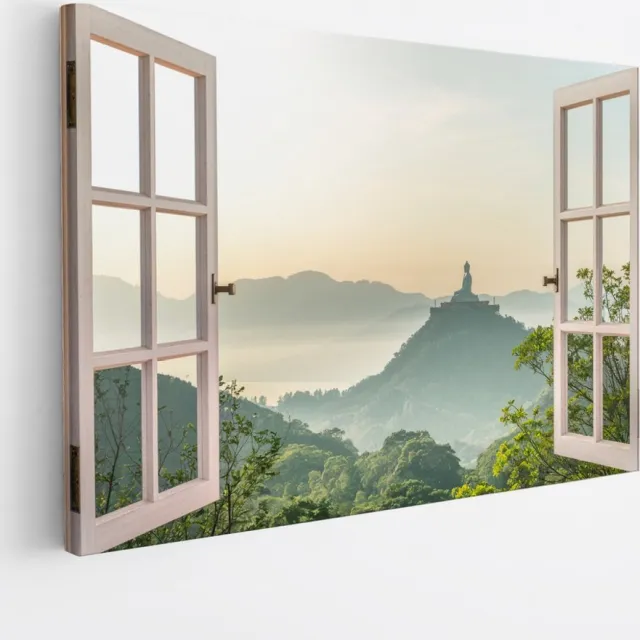 Saammp Canvas Schilderij - Boeddha op een berg - Natuur - Doorkijk - 150x100 - Foto op canvas - Wanddecoratie - Muurdecoratie Woonkamer - Slaapkamer decoratie - Canvas Print Multicolor