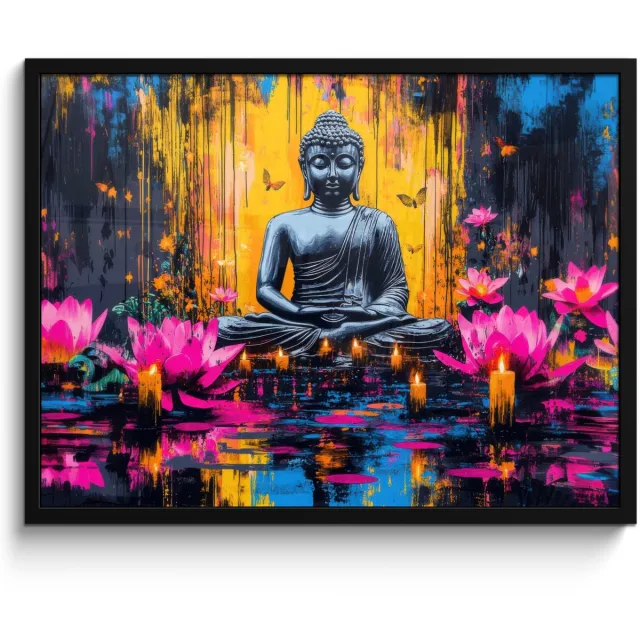 FrameYourWall Poster in lijst - Fotolijst 70x50 cm - Posters - Buddha - Bloemen - Kaarsen - Geel - Posterlijst zwart - Decoratie - Wanddecoratie woonkamer - Muurdecoratie slaapkamer