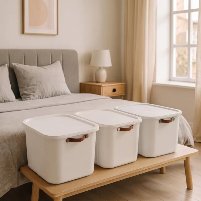 Indecor Opbergbox 20 Liter Set van 3 met Deksel – BPA-vrije Stapelbare Opbergdozen met Handgrepen – Opbergmanden voor Kleding, Speelgoed en Accessoires – Wit