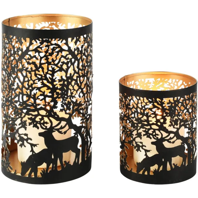 dekoratief Set 2 Waxinelichthouders 'Woodland Reindeer', zwart/goud, metaal, 12x12x20cm | A268076