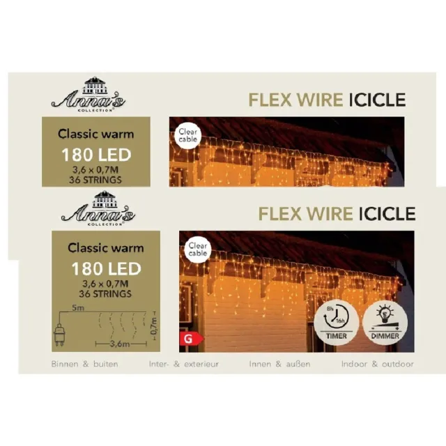 Anna's Collection Ijspegelverlichting - 2x -180 led lampjes - warm wit - 360 x 70 cm- lichtsnoer