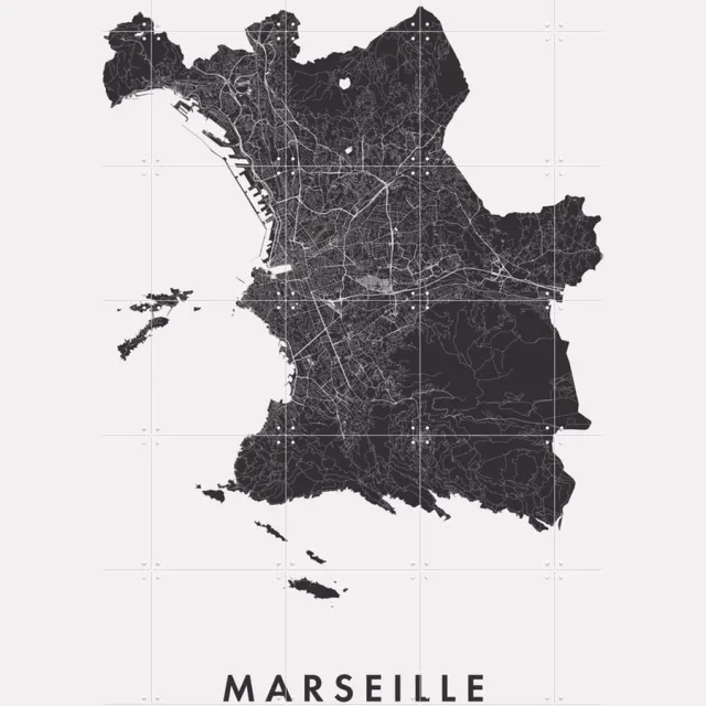IXXI Marseille City Map, Kunst in Kaart - 100 x 140 cm - Grote wanddecoratie en posters - Line art, Grafisch Ontwerp, Minimalisme, Abstract Monochroom / Zwart en wit / Zwart