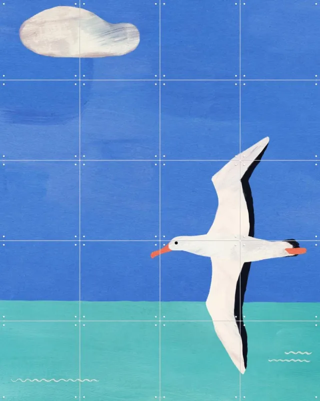 IXXI Albatross, Ocean and Cloud, Henry Rivers - 80 x 100 cm - Grote wanddecoratie en posters - Kleurrijk, Illustraties, Speels, Woonkamer, Vogels Blauw