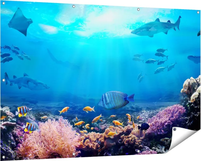 Gards Tuinposter Vissen met Haaien in de Oceaan met Koraalrif - 150x100 cm - Tuindoek - Tuindecoratie - Wanddecoratie buiten - Tuinschilderij Multikleur