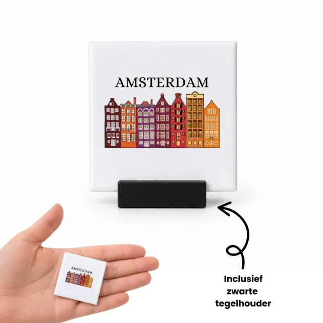 Hacebo Amsterdam tegeltje met tegelhouder - Amsterdam - Amsterdammers - tegeltjes met tekst - de echte Amsterdam liefhebbers - Rijtjeshuizen - spreuktegels - 4.8x4.8 CM Wit