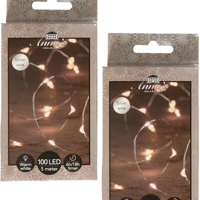 Anna's Collection Draadverlichting - 2x - 100 led lampjes - warm wit - zilver draad - 500 cm - lichtdraad - kerstverlichting lichtsnoe