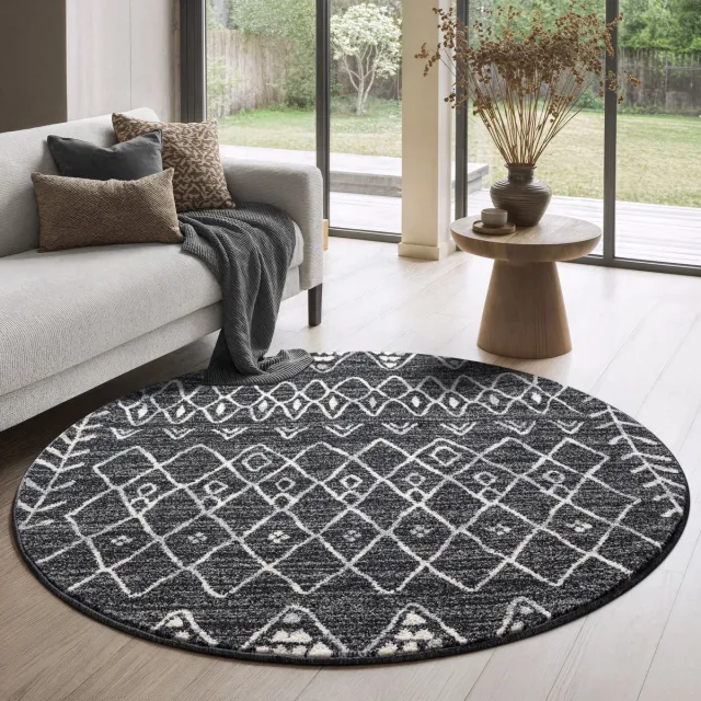 Muratap Boho Rond Vintage Laagpolig Vloerkleed Zwart/Grijs- 200 CM Ø