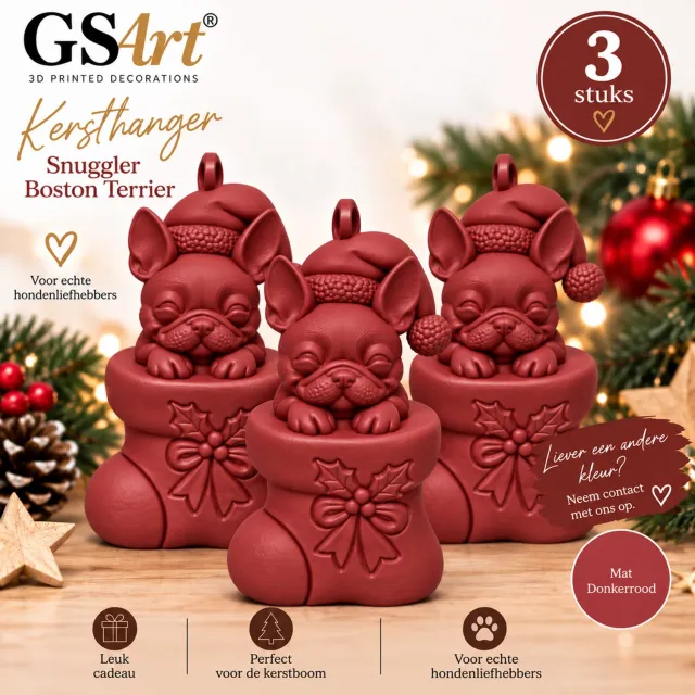 GSArt Kersthanger Hond Snuggler Boston Terrier 3 Stuks – 3D Geprinte Kerstboom Hangers – Mat Donkerrood