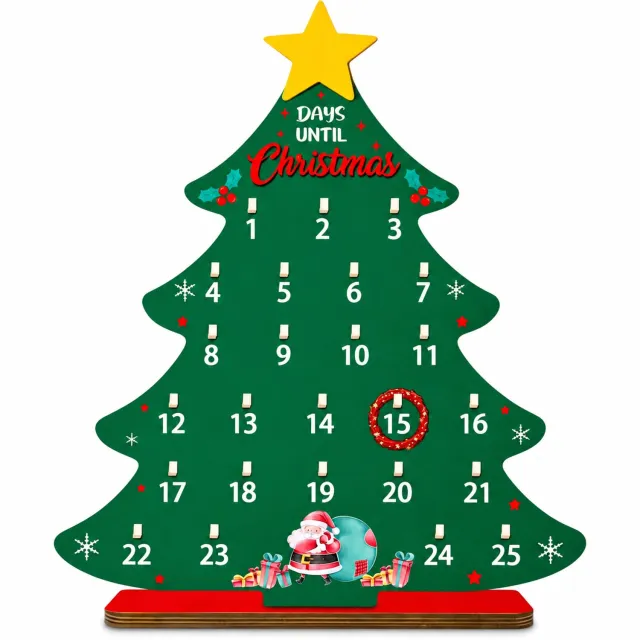 SWGOTA Kerstboom-aftelkalender van grenen met cijfers 1-25 en verplaatsbare kransmarkering - kerstdecoratie met rode voet voor tafel en etalage Bruin
