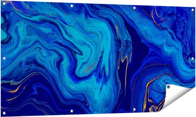 Gards Tuinposter Abstracte Kunst - Blauw met Gouden Verf - 140x70 cm - Tuindoek - Tuindecoratie - Wanddecoratie buiten - Tuinschilderij Multikleur