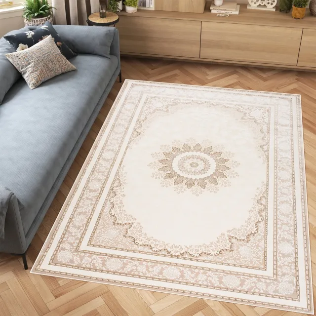 Tapiso Hera Vloerkleed Beige Licht Woonkamer Oosters Frame Tapijt Licht Beige