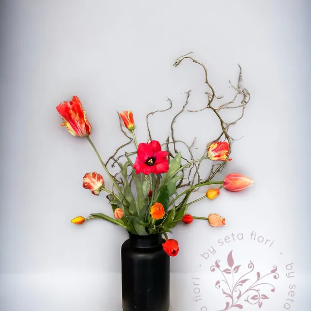 Seta Fiori Kunst tulpen boeket - rood oranje tinten Groen, oranje, diep rood