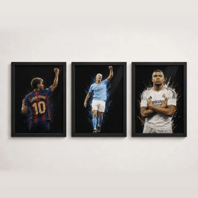 Joshimo Voetbalposter set | Kylian Mbappé, Erling Haaland & Lamine Yamal | Set van 3 A4 posters | Inclusief 3 A4 lijsten Zwart
