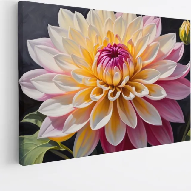 Saammp Canvas Schilderij - Groot Gele en Roze Dahlia - Natuur - Abstract - 40x30 - Foto op canvas - Wanddecoratie - Muurdecoratie Woonkamer - Kantoor Decoratie Multicolor