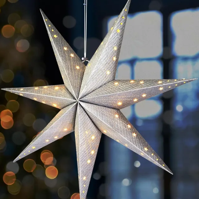 Brubaker Hangende Kerstster met E14-Voet - 60 cm Papieren Sterrenset met 3,5 m Kabel - 3D Adventsster - Raamdecoratie Lichte Ster Ophangen - Zilver Zilver ster + patroon fijn