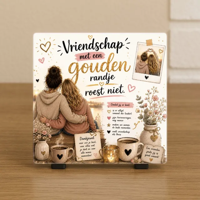 CreaCraft Wenstegeltje “Vriendschap met een gouden randje roest niet” – Tegeltjes met tekst – Cadeau – Vriend(in) – Collega – Vriendschap – Incl standaard - CreaCraft Vriendschap gouden randje