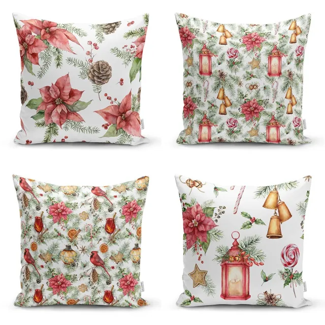 De Groen Home Velvet Kussenhoes set van 4 stuk - 50x50 - Kussensloop - Kerst bloemen - De Groen Home Wit & Divers