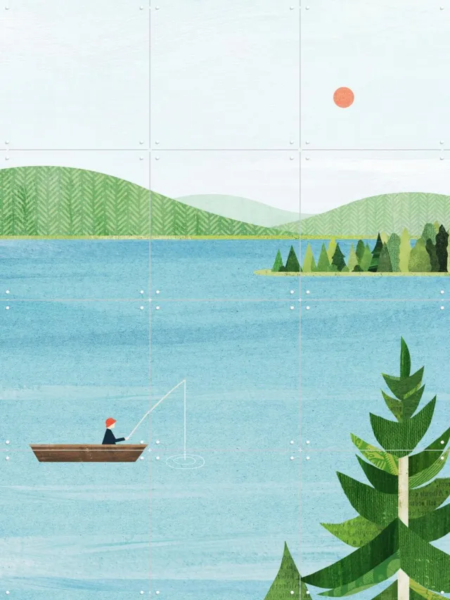 IXXI On the Lake, Henry Rivers - 60 x 80 cm - Grote wanddecoratie en posters - Minimalisme, Illustraties, Speels, Woonkamer, Meer, Natuur Blauw / Koele tinten