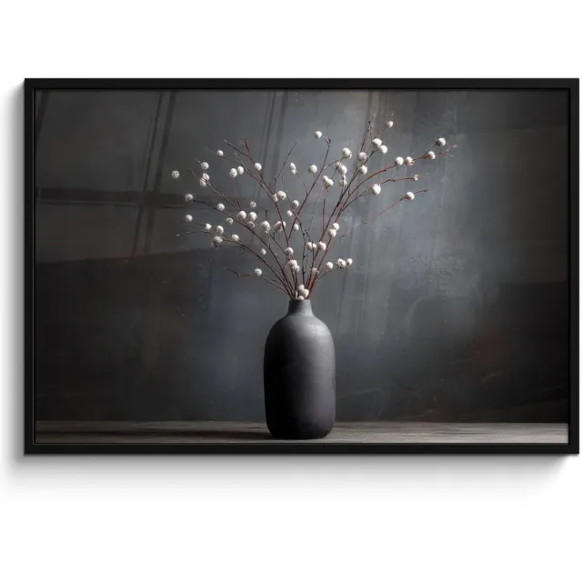 FrameYourWall Poster in lijst - Fotolijst 120x80 cm - Posters - Takken - Vaas - Bolletjes - Wit - Posterlijst zwart - Decoratie - Wanddecoratie woonkamer - Muurdecoratie slaapkamer