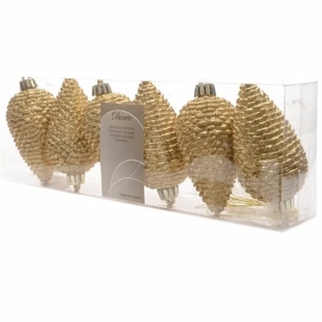 Decoris Kersthangers dennenappels - 18x st - goud - glitter - 8 cm - kunststof - kerstversiering Goudkleurig