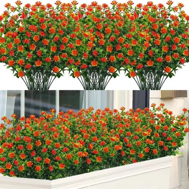 PolkaHome 8bundels kunstbloemen, uv-bestendig, groene struiken, planten, eucalyptus, decoratie voor binnen en buiten, tuin, raam, bruiloft, feestdecoratie Rood