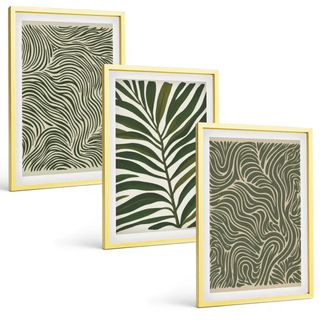 TULUP 4-Delige Schilderij Set - Abstracte patronen met bladeren en golvende vormen - 40 x 60 cm - Decoratieve Schilderijen - Woonkamer - Interieur Gouden lijst